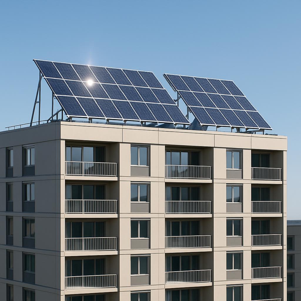 This building features double roofs of solar panels, comprising two arrays of 16 distinct panels. The sleek structure's be...