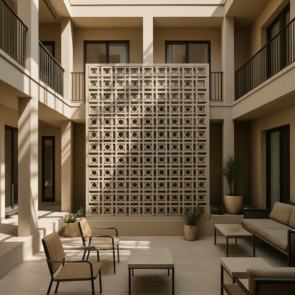 An open courtyard within a building, featuring multiple seating areas, greenery, and screened side walls.