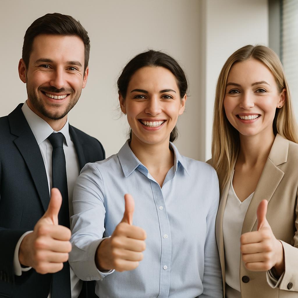 Three people in business attire giving a thumbs up.